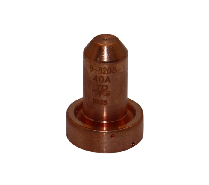 Esab plasa cutting tip with engraved markings '9-8208', '40A', and a logo.