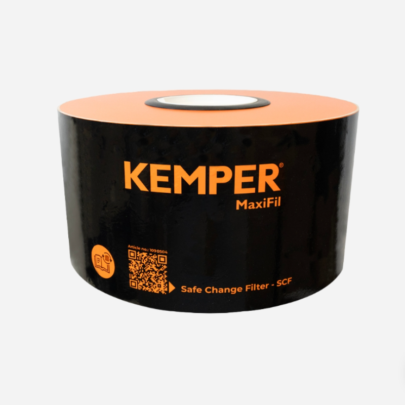 Kemper MaxiFil safe change filter (SCF) in black and orange, shown on a light gray background
