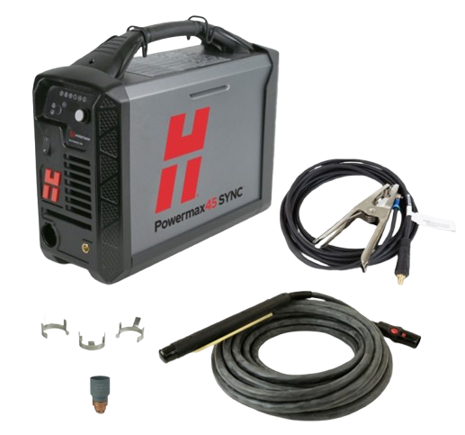 Powermax 45 Sync welding machine with cables and accessories on a white background