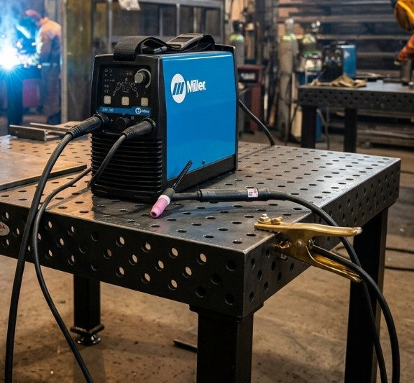 Miller STH 160 TIG  welding machine on a workbench in a workshop setting