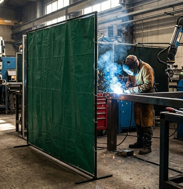 Canvas welding curtain screen metal in a workshop 