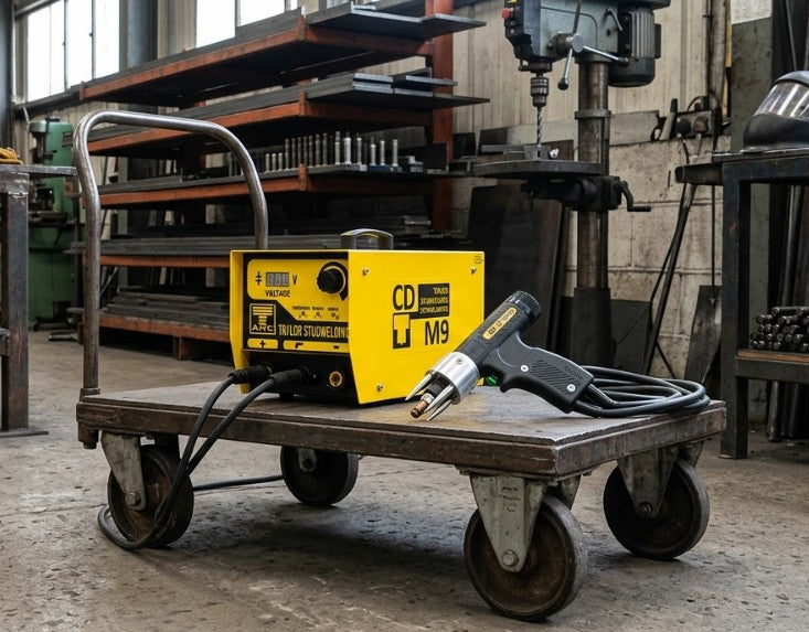 Yellow CD stud welding machine on a wooden cart in an industrial setting