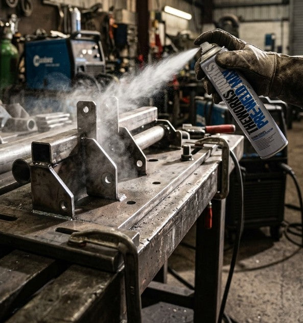 welder spraying anti spatter onto a work piece